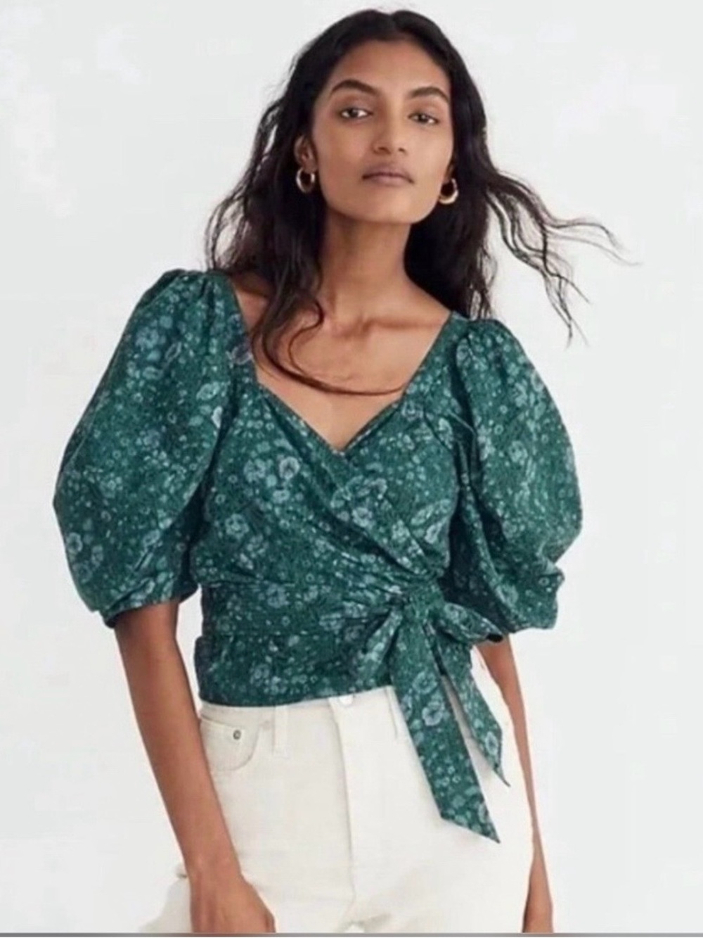 Madewell Medium Emerald Green Puff-Sleeve Wrap Blouse